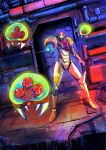  1girl aiming aki-t_(akitbfpf144) arm_cannon armor assault_visor cable commentary dated_commentary doorway dutch_angle english_commentary floating full_body glowing helmet highres industrial_pipe metroid metroid_(creature) orange_armor power_armor red_headwear samus_aran science_fiction solo standing varia_suit weapon 