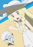  1girl :d alolan_vulpix bare_arms beach blonde_hair blue_ribbon blunt_bangs braid cloud collared_dress commentary_request day dress eyelashes green_eyes hand_up hat hat_ribbon highres ia_(ilwmael9) lillie_(pokemon) long_hair open_mouth outdoors pokemon pokemon_(anime) pokemon_(creature) pokemon_sm_(anime) ribbon sand shore sky sleeveless sleeveless_dress smile sun_hat sundress tongue twin_braids water white_dress white_headwear 
