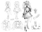  1girl arm_tattoo commentary_request dark-skinned_female dark_skin dress eyepatch fujii_jun girls&#039;_frontline greyscale hs.50_(girls&#039;_frontline) long_hair monochrome multiple_views pantyhose shoes simple_background sketch tattoo twintails white_background 