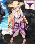  1girl alternate_costume alternate_hairstyle bikini blonde_hair blue_sky blush breasts cleavage drill_hair drill_sidelocks embarrassed floral_print full_body green_nails hat have_to_pee highres long_hair michinoku_(michino934) ocean outdoors panties purple_bikini purple_panties purple_sarong rock sarong shirt sidelocks sky solo standing sun_hat swimsuit tied_shirt touhou touhou_lost_word underwear white_shirt yakumo_yukari yakumo_yukari_(boundary_of_sand_and_sea) yellow_eyes 