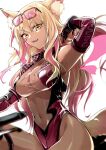  1girl animal_ears bare_shoulders black_leotard blonde_hair blush breasts covered_navel dark-skinned_female dark_skin elbow_gloves energy_wings fate/grand_order fate_(series) fox_ears fox_girl fox_tail gloves gradient_hair highleg highleg_leotard highres kino_kokko large_breasts leotard long_hair looking_at_viewer multicolored_hair open_mouth pink_gloves pink_hair pink_leotard race_queen see-through_cleavage sidelocks smile solo suzuka_gozen_(fate) suzuka_gozen_(swimsuit_rider)_(fate) tail tan thighs yellow_eyes 