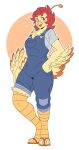  absurd_res anthro avian beak bird chicken clothed clothing coveralls feathered_arms feathers female freckles front_view fully_clothed galliform gallus_(genus) hair hand_on_hip hi_res phasianid red_hair slightlysimian solo tan_body tan_feathers 