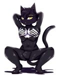  anthro black_body black_fur clothing crouching felid feline fur hi_res jun_(skshadowknight) latex male mammal piercing rubber rubber_clothing rubber_suit simple_background skshadowknight smile smirk solo symbiote white_background yellow_eyes 