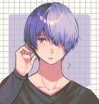  1boy aoyagi_touya black_shirt blue_eyes blue_hair close_game/offline_(project_sekai) commentary dark_blue_hair hair_over_one_eye hand_up highres kinomi_3030 long_sleeves looking_at_viewer male_focus multicolored_hair official_alternate_hairstyle open_mouth project_sekai shirt short_hair solo split-color_hair teeth two-tone_hair upper_teeth_only 