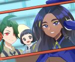  3girls :d ahoge black_hair black_jacket blue_eyes blue_gloves blue_shirt bright_pupils closed_mouth collared_shirt commentary_request dark-skinned_female dark_skin eyelashes geeta_(pokemon) genjitsu_o_miro gloves green_hair grey_headwear grin highres holding holding_phone jacket long_hair multiple_girls neck_ribbon open_mouth phone pokemon pokemon_(game) pokemon_sv ponytail poppy_(pokemon) red_eyes ribbon rika_(pokemon) selfie shirt smile suspenders taking_picture teeth visor_cap white_pupils yellow_ribbon 