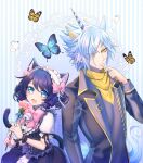  1boy 1girl animal_ears black_hair blue_background blue_butterfly blue_eyes blue_hair bug butterfly cat_ears cat_girl cat_tail closed_mouth cyan_(show_by_rock!!) expressionless highres horse_ears horse_tail light_blue_background looking_at_another looking_at_viewer mel6969 multicolored_background open_mouth short_hair show_by_rock!! smile striped striped_background tail titan_(show_by_rock!!) unicorn_boy wavy_hair white_butterfly yellow_butterfly 
