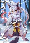  1girl artist_name black_skirt black_thighhighs blurry blurry_background blush bow character_request check_character comiket_102 day depth_of_field feet_out_of_frame fur_collar gradient_hair grey_hair hair_between_eyes hand_up high_ponytail highres hisuian_zoroark japanese_clothes kimono long_hair long_sleeves looking_at_viewer mono_land multicolored_hair obi outdoors parted_lips personification pinching_sleeves pleated_skirt pokemon ponytail red_hair sample_watermark sash short_eyebrows skirt sleeves_past_wrists snow snowing solo thick_eyebrows thighhighs tree very_long_hair white_kimono wide_sleeves yellow_bow yellow_eyes 