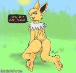  5_toes absurd_res anthro anus barefoot bodily_fluids breasts butt dialogue digital_media_(artwork) eeveelution english_text feet female foot_fetish foot_focus fur generation_1_pokemon genitals hair hi_res humanoid_feet jolteon looking_at_viewer mammal musk musk_clouds nintendo nipples notsafeforvee nude open_mouth plantigrade pokemon pokemon_(species) pussy soles solo sweat sweaty_butt sweaty_feet tail talking_to_viewer text toes yellow_body yellow_fur 