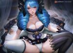  1girl artist_name black_bow black_dress black_thighhighs blue_hair bow breasts cleavage collarbone dress drill_hair frilled_dress frills grey_dress gwen_(league_of_legends) hair_bow large_breasts league_of_legends legs_apart long_hair looking_at_viewer panties puffy_short_sleeves puffy_sleeves shiny_skin short_sleeves smile solo striped striped_thighhighs thighhighs turewindwalker twin_drills twintails underwear white_panties white_thighhighs 