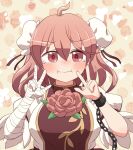  1girl :i ahoge bandaged_arm bandages bandaid bangs blush breasts bun_cover carnation chain cuffs double_bun double_v double_w flower gold_trim hair_between_eyes hair_bun hands_up highres ibaraki_kasen large_breasts looking_at_viewer pink_flower rokugou_daisuke shackles solo tabard tears touhou upper_body v w 