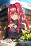  1girl absurdres baobhan_sith_(fate) baobhan_sith_(swimsuit_pretender)_(fate) baobhan_sith_(swimsuit_pretender)_(second_ascension)_(fate) blood blurry blurry_background book bookshelf colored_inner_hair fate/grand_order fate_(series) glasses grey_eyes hair_ornament highres light_rays long_hair long_sleeves looking_at_viewer multicolored_hair nail_polish open_mouth plant pointy_ears red_hair red_nails satsuki_ame sidelocks solo teeth twitter_username upper_body 