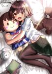  1girl alarm_clock black_pantyhose brown_eyes brown_hair character_doll clock commission dated doll_hug green_sailor_collar green_skirt highres kantai_collection looking_at_viewer mizuki_(uzuki_no_sato) mutsuki_(kancolle) object_hug pantyhose pillow pleated_skirt sailor_collar school_uniform serafuku short_hair signature skirt smile solo stuffed_animal stuffed_toy teddy_bear twitter_username 