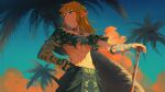  1boy absurdres bishounen blonde_hair charged_set_(zelda) evening hand_on_own_hip highres jiangyiting17 link looking_to_the_side medium_hair navel one_eye_closed palm_tree pointy_ears shade solo stomach the_legend_of_zelda the_legend_of_zelda:_tears_of_the_kingdom tiara tree upper_body 