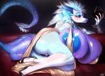  2023 absurd_res anthro big_breasts big_butt big_nipples black_body black_scales blue_body blue_fur blue_scales blush breasts butt clothing digital_media_(artwork) dragon eyelashes female footwear fur furred_dragon genitals hi_res high_heels huge_breasts huge_butt huge_nipples lying nipples on_side pussy scales scalie solo species_request sylviajo tail thick_tail thick_thighs underwear unknown_species 