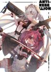  2girls apron assault_rifle black_skirt breasts chromatic_aberration closed_mouth commentary cowboy_shot detached_sleeves diyokama dual_wielding dutch_angle english_commentary english_text eyepatch fang flat_chest frilled_skirt frills grey_hair gun hair_intakes hair_ornament hairclip highres holding holding_gun holding_weapon katana long_hair looking_at_viewer maid maid_apron maid_headdress medium_breasts medium_hair multiple_girls original pink_hair pleated_skirt purple_eyes red_eyes rifle simple_background skin_fang skirt sword twintails very_long_hair weapon white_apron white_background wide_sleeves 