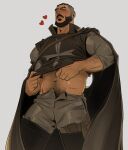  1boy abs arm_hair bara beard black_hair blush boots buzz_cut castlevania castlevania:_nocturne chris_sdd cloak clothes_lift cross_print dark-skinned_male dark_skin earrings facial_hair from_below gradient_hair grey_hair heart highres jewelry large_pectorals leather leather_pants lifted_by_self male_focus mature_male midriff_peek mizrak_(castlevania) multicolored_hair muscular muscular_male navel navel_hair open_fly pants pectorals priest shirt_lift short_hair shy solo stomach sweat thick_eyebrows thick_mustache thick_thighs thigh_boots thighs undressing very_short_hair 