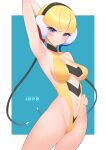  1girl adapted_costume arm_behind_head armpits artist_name blonde_hair blue_eyes blunt_bangs blush border breasts cable closed_mouth elesa_(pokemon) eyelashes green_background hand_on_own_hip headphones highleg highleg_swimsuit jdpr medium_breasts mixed-language_commentary navel one-piece_swimsuit pokemon pokemon_(game) pokemon_bw presenting_armpit smile solo split_mouth swimsuit web_address white_border yellow_one-piece_swimsuit 