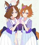  2girls ahoge animal_ears blue_ribbon bow bowtie brown_hair commentary_request crown ear_ribbon ear_wagging hairband heart heart_hands heart_hands_duo highres horse_ears horse_girl horseshoe_ornament looking_at_viewer meisho_doto_(umamusume) mini_crown momose_sumomo multicolored_hair multiple_girls orange_hair pink_hairband pleated_skirt puffy_short_sleeves puffy_sleeves purple_bow purple_bowtie purple_eyes purple_serafuku purple_shirt ribbon sailor_collar sailor_shirt school_uniform serafuku shirt short_hair short_sleeves skirt smile t.m._opera_o_(umamusume) tracen_school_uniform two-tone_hair umamusume white_sailor_collar white_skirt 