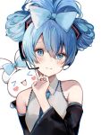  &gt;_&lt; 1girl :d bare_shoulders black_sleeves blue_bow blue_eyes blue_hair blue_necktie blush bow cinnamiku cinnamoroll closed_mouth collared_shirt commentary detached_sleeves ear_bow hair_between_eyes hair_bow hand_up hatsune_miku headset highres long_hair looking_at_viewer necktie sanrio shirt simple_background sleeveless sleeveless_shirt smile sonna_banana split_mouth tied_ears updo upper_body vocaloid white_background white_shirt xd 