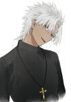  1boy amakusa_shirou_(fate) bangs black_jacket brown_eyes cropped_torso cross cross_necklace dark-skinned_male dark_skin earrings emolior_(1000mean) fate/apocrypha fate_(series) head_tilt jacket jewelry long_sleeves looking_at_viewer male_focus necklace parted_bangs priest short_hair smile solo spiked_hair white_hair 