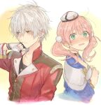  1boy 1girl aqua_eyes atelier_(series) atelier_escha_&amp;_logy beret black_choker blush bracelet braid choker closed_mouth collarbone ear_blush escha_malier fingerless_gloves gloves grey_hair hair_between_eyes hair_ornament hand_up hani_(udauda) hat jacket jewelry logix_ficsario medium_hair mini_hat necklace nose_blush open_mouth pink_hair pom_pom_(clothes) pom_pom_hair_ornament red_jacket short_hair twintails white_gloves white_headwear yellow_eyes 