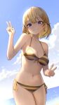  1girl bare_shoulders beach bee_print bikini bingsardina blonde_hair blue_eyes bob_cut breasts cleavage collarbone day detective highres hololive hololive_english holomyth large_breasts looking_at_viewer mole mole_on_breast navel ocean open_mouth short_hair side-tie_bikini_bottom smile solo striped striped_bikini swimsuit teeth virtual_youtuber watson_amelia 