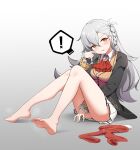  ! ... 1girl absurdres ascot barefoot between_legs black_jacket blush braid breasts closed_mouth fate/grand_order fate_(series) feet fengqun frilled_sleeves frills full_body gradient_background grey_background grey_hair grey_vest hair_between_eyes hand_between_legs head_tilt highres jacket knees_together_feet_apart knees_up legs long_sleeves medium_breasts miniskirt olga_marie_animusphere on_ground open_clothes open_jacket open_mouth orange_eyes pantyhose pantyhose_removed pleated_skirt red_ascot red_pantyhose shirt side_braid skirt smell soles solo spoken_exclamation_mark steaming_body thighs toe_cleavage toenails toes vest white_background white_shirt white_skirt 