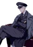  1boy black_necktie black_pants blue_eyes coat coat_on_shoulders collared_shirt commentary_request crossed_arms crossed_legs gojou_satoru hat jujutsu_kaisen lapels long_hair looking_at_viewer male_focus military_hat necktie nori20170709 notched_lapels pants shirt short_hair sideways_glance simple_background solo very_long_hair white_background white_hair 