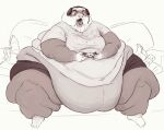  2021 angry anthro barefoot belly big_belly bodily_fluids bottle bottomwear cettus cettus_chaput clothed clothing container controller domestic_ferret drooling fat_rolls feet furniture gaming headgear headphones headset hi_res holding_controller holding_object male mammal midriff morbidly_obese morbidly_obese_anthro morbidly_obese_male mustelid musteline obese obese_anthro obese_male open_mouth overweight overweight_anthro overweight_male pants saliva shirt simple_background sitting sofa solo stained_clothing topwear trash true_musteline weasel white_background 