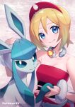  1girl absurdres blonde_hair blue_eyes blurry bracelet closed_mouth collar collarbone commentary_request copyright_name eyelashes glaceon hair_between_eyes hairband headpat highres holding_hands irida_(pokemon) jewelry maki_(letusgomaki) pokemon pokemon_(creature) pokemon_(game) pokemon_legends:_arceus pokemon_masters_ex red_hairband sash shirt short_hair smile strapless strapless_shirt 