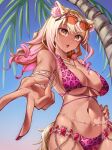  1girl absurdres animal_ears animal_print bare_shoulders belly_chain bikini blonde_hair blue_sky blush bracelet breasts cleavage collarbone dark-skinned_female dark_skin eyewear_on_head fate/grand_order fate_(series) fox_ears fox_girl fox_tail gradient_hair highres jewelry large_breasts leopard_print long_hair looking_at_viewer multicolored_hair navel necklace open_mouth outstretched_arm palm_tree pink_bikini pink_hair ratoona_ab sidelocks sky solo sunglasses suzuka_gozen_(fate) suzuka_gozen_(swimsuit_rider)_(fate) swimsuit tail tan tree v variant_set yellow_eyes 