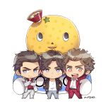  4boys black_hair brown_hair chibi costume denim food formal fruit jacket jeans judge_eyes kasuga_ichiban kiryuu_kazuma leather leather_jacket mascot mascot_costume mascot_head multiple_boys mutarou_(mu) noodles ono_michio orange_(fruit) pants ramen red_suit ryuu_ga_gotoku_(series) ryuu_ga_gotoku_6 ryuu_ga_gotoku_7 suit tilted_headwear white_suit yagami_takayuki 