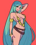  1girl akairiot bare_shoulders belt belt_skirt blush breasts dress english_commentary green_eyes green_hair highres jewelry kid_icarus kid_icarus_uprising large_breasts long_hair naked_belt navel palutena revealing_clothes smile solo stomach thighs tiara underboob very_long_hair 