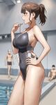  1girl 3boys anteiru bare_arms bare_shoulders black_one-piece_swimsuit blurry blurry_background breasts brown_eyes brown_hair commentary competition_swimsuit covered_navel cowboy_shot fingernails from_side hand_on_own_hip hand_up highleg highleg_swimsuit highres holding holding_whistle indoors large_breasts long_fingernails looking_ahead mole mole_on_breast multiple_boys one-piece_swimsuit open_mouth original pool profile short_hair short_ponytail solo_focus string_of_flags swimsuit water whistle whistle_around_neck 