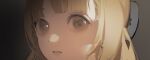  1girl absurdres blonde_hair blue_bow blunt_bangs bow character_request chongzhen_085 commentary copyright_request english_commentary eye_focus eyelashes grey_background grey_eyes hair_bow head_only highres looking_at_viewer parted_lips solo teeth 