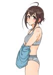 1girl absurdres ahoge blush breasts brown_hair from_side grey_panties grey_sports_bra highres idolmaster idolmaster_cinderella_girls looking_at_viewer looking_to_the_side panties simple_background small_breasts solo sports_bra sweat underwear undressing ushimochi wakiyama_tamami white_background 