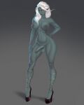  absurd_res areola balls boots breasts clothing dark_elf elf female flexible_survival footwear genitals glowing glowing_eyes grey_body hair hi_res humanoid jewelry legwear looking_at_viewer moirah nipples penis solo standing white_hair 