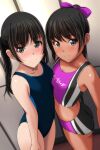 2girls absurdres ass bare_arms black_hair black_one-piece_swimsuit blush breast_press breasts brown_eyes closed_mouth collarbone commentary_request competition_swimsuit hair_ornament highres long_hair looking_at_viewer matsunaga_kouyou multiple_girls one-piece_swimsuit original ponytail sidelocks smile sports_bikini standing swimsuit symmetrical_docking tan twintails 