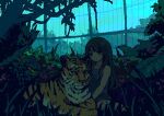  1girl animal bush chinese_zodiac feet_out_of_frame grass greenhouse grey_tank_top long_hair looking_at_viewer nanami_yuki_(yuki77mi) original pixel_art plant shorts sitting tank_top tiger tree window year_of_the_tiger 