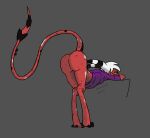  bottomless butt charbold clothed clothing demon digital_media_(artwork) digitigrade fan_character hair helluva_boss hooves horn humanoid imp looking_at_viewer male raised_tail rear_view red_body red_sclera shirt simple_background solo spade_tail tail topwear yellow_eyes 