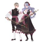  1boy 1girl absurdres ai-wa blonde_hair brother_and_sister camilla_(fire_emblem) dress fire_emblem fire_emblem_fates flower hair_over_one_eye high_heels highres holding holding_sword holding_weapon leaf leo_(fire_emblem) long_hair looking_at_viewer purple_hair red_flower red_hair red_rose rose short_hair siblings simple_background sword thighhighs traditional_clothes weapon white_background 