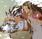  2boys black_hair blue_eyes bodypaint braid dark_skin facepaint fate/grand_order fate_(series) geronimo_(fate) headband jacket jewelry kotobuki_toro lobo_(fate) long_hair looking_at_animal multiple_boys native_american necklace on_ground open_clothes open_jacket outdoors petting sitting very_long_hair wolf 