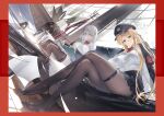  2girls arm_support azur_lane bismarck_(azur_lane) blonde_hair blue_eyes book breasts couch cup day flag grey_hair hat highres holding indoors jacket jacket_on_shoulders kurumi_(recycllamo) large_breasts long_hair long_sleeves looking_at_viewer mechanical_pencil multiple_girls off_shoulder official_art open_book pantyhose paper peaked_cap pencil pleated_skirt ribbon shirt short_hair sitting skirt teacup teapot thigh_strap thighhighs tirpitz_(azur_lane) white_shirt window 