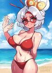  1girl beach bebatch bikini blush breasts cleavage closed_mouth collarbone eye_symbol eyeshadow fanning_self glasses grey_hair hair_ornament hairpin headband highres large_breasts looking_at_viewer makeup navel ocean patreon_username purah red-framed_eyewear red_bikini red_eyes red_eyeshadow red_headband round_eyewear sheikah skindentation smile solo swimsuit the_legend_of_zelda the_legend_of_zelda:_tears_of_the_kingdom white_hair 