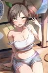  1girl animal_ears arm_support bare_arms bare_shoulders blush breasts brown_hair cleavage commentary_request crop_top green_eyes grey_shorts hand_up horse_ears ines_fujin_(umamusume) korokoro_nekoz looking_at_viewer midriff navel open_mouth short_hair short_shorts shorts side_ponytail sitting solo stomach strap_slip tank_top tatami thighs umamusume white_tank_top 