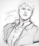  1boy collared_shirt cropped_torso goatee_stubble greyscale happy_birthday highres kinniku_oishiiz looking_to_the_side male_focus monochrome reiner_braun shingeki_no_kyojin shirt short_hair sketch solo 