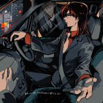  2boys black_eyes car_interior city closed_mouth commentary_request driving expressionless feet_out_of_frame grey_jacket grey_pants hair_between_eyes ichijou_seiya jacket kaiji long_hair long_sleeves male_focus medium_bangs multiple_boys murakami_tamotsu neckerchief pants pov profile reaching reaching_towards_viewer red_hair red_shirt reflection seatbelt shirt solo_focus steering_wheel suit unknown03162 white_neckerchief 