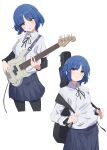  1girl absurdres bass_guitar black_pantyhose black_ribbon black_shirt blue_hair blue_skirt bocchi_the_rock! cable closed_mouth collared_shirt cropped_legs eito12 eyes_visible_through_hair guitar_case hair_ornament hairclip highres holding_strap instrument instrument_case long_sleeves looking_at_viewer mole mole_under_eye multiple_views neck_ribbon open_mouth pantyhose pleated_skirt ribbon school_uniform shimokitazawa_high_school_uniform shirt short_hair short_sleeves simple_background skirt split_mouth undershirt white_background white_shirt yamada_ryou yellow_eyes 