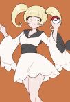 1girl blonde_hair blunt_bangs blush breasts brown_background closed_mouth commentary_request dadadanoda eyelashes furisode furisode_girl_katherine hands_up highres holding holding_poke_ball japanese_clothes kimono looking_at_viewer poke_ball poke_ball_(basic) pokemon pokemon_(game) pokemon_xy sash smile solo twintails w_arms white_kimono wide_sleeves yellow_eyes 