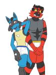  anthro black_body black_fur blue_body blue_fur blush briefs briefs_only brown_eyes clothed clothing covering covering_self duo embarrassed fur fuze generation_4_pokemon generation_7_pokemon green_eyes hand_behind_head hi_res incineroar lucario male nintendo open_mouth pokemon pokemon_(species) pokemorph red_body red_fur red_nose sharp_teeth simple_background spike_(object) teeth teeth_showing tighty_whities tongue_showing topless underwear underwear_only white_background white_briefs white_clothing white_underwear yellow_sclera 